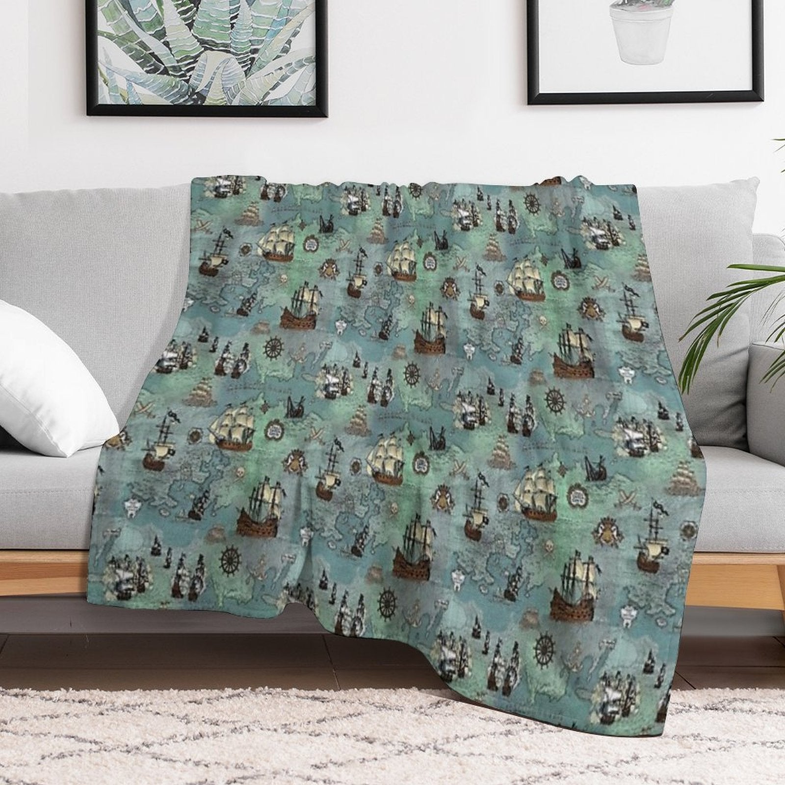 Pirate Map Nautical Sea Print Ocean Blue & Sea Glass Green Throw Blanket