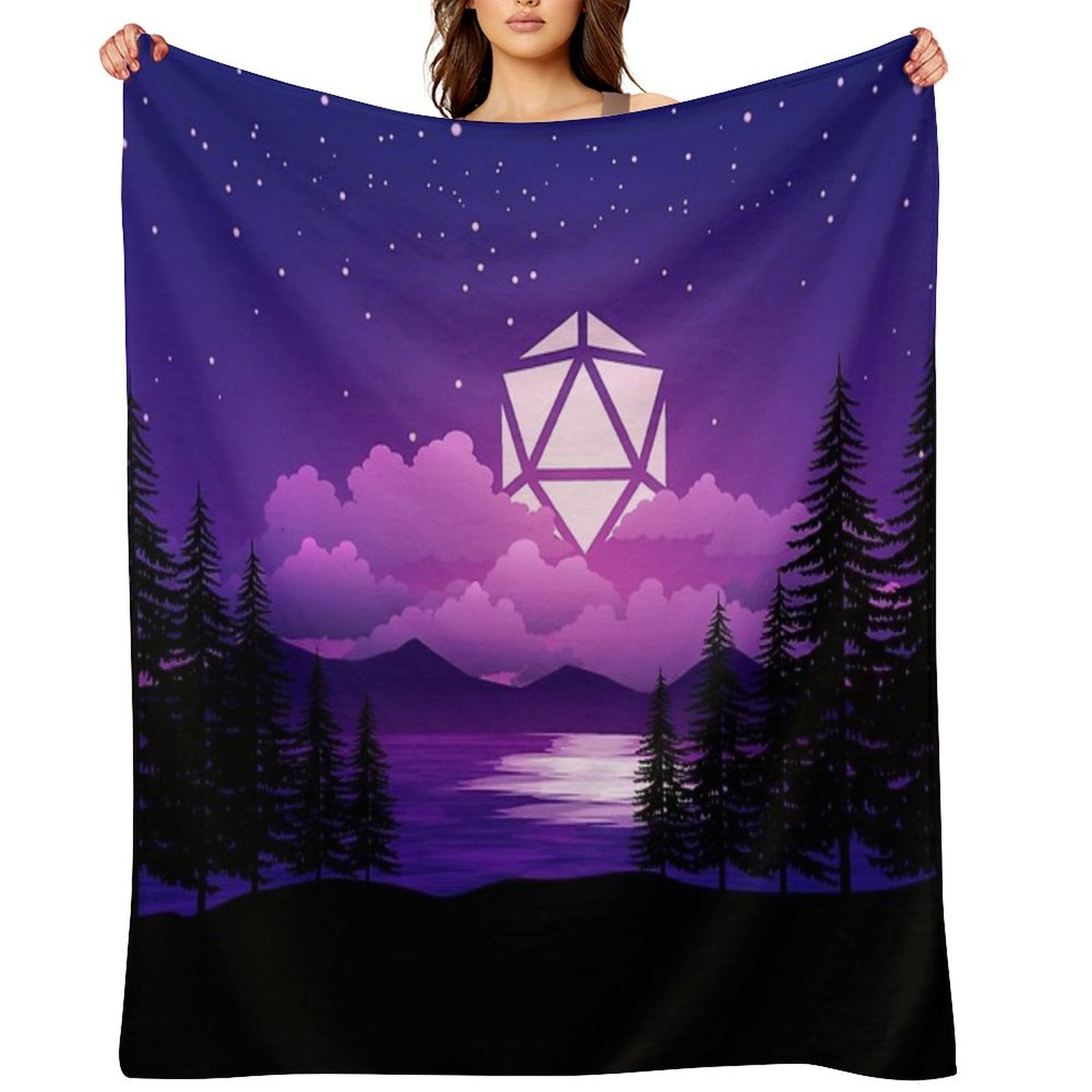 Pink Sunset D20 Dice Sun Lake Tabletop RPG Maps And Landscapes Throw Blanket