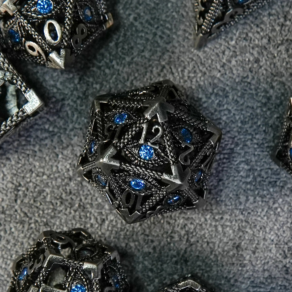Dark Elves - Sapphire Dragon's Eye Skeleton Metal DND Dice Set