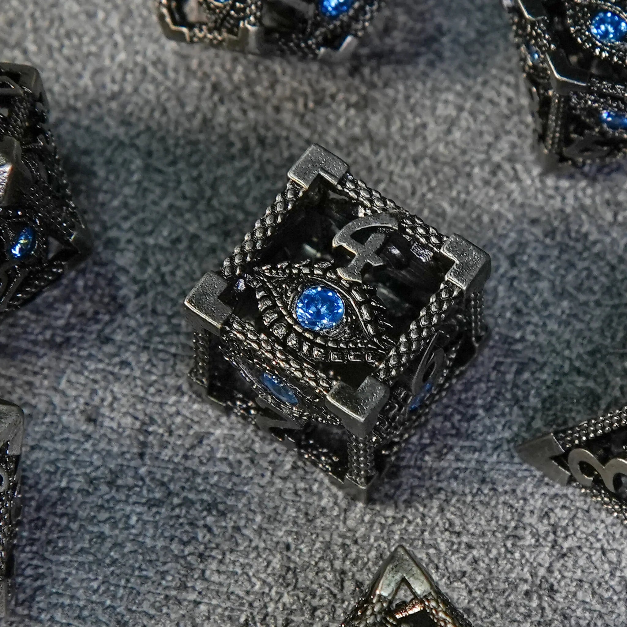 Dark Elves - Sapphire Dragon's Eye Skeleton Metal DND Dice Set