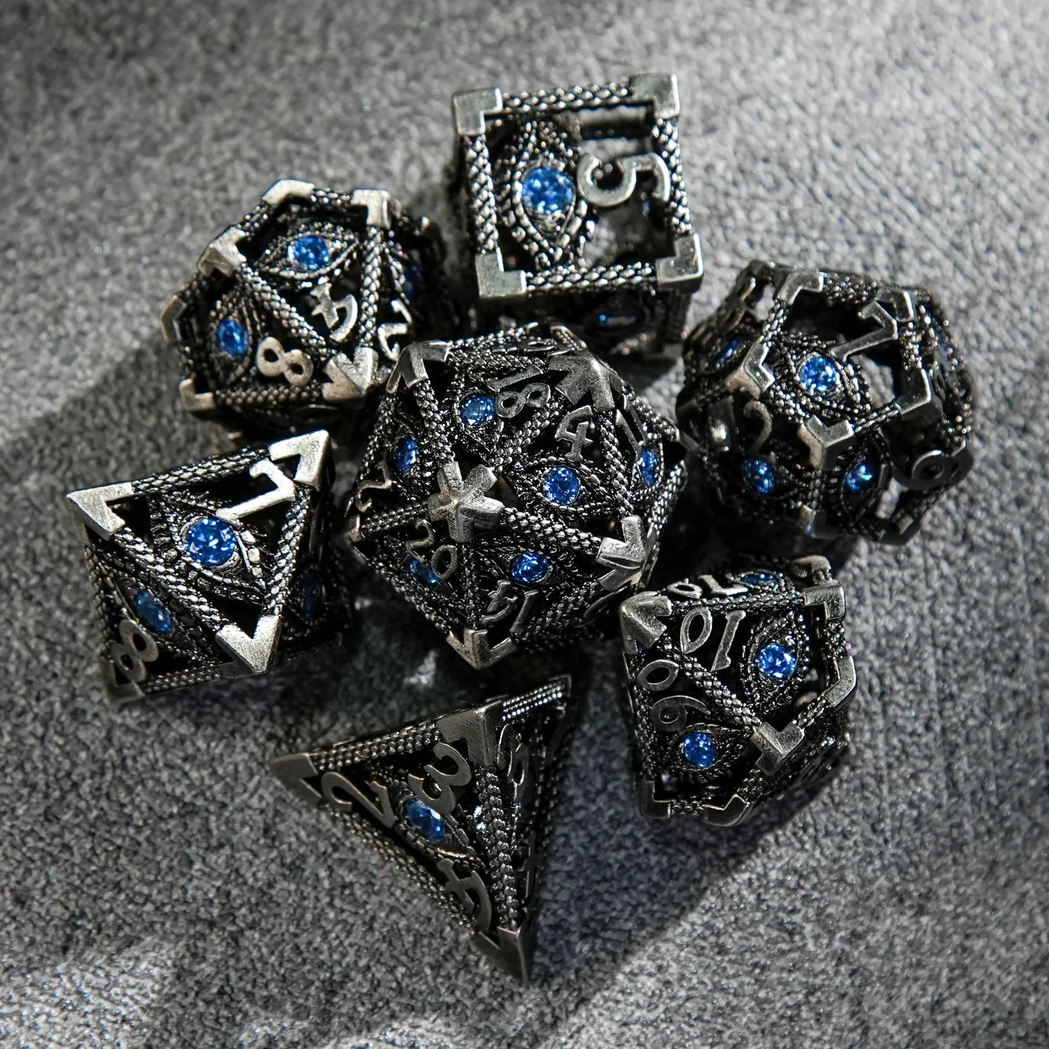 Dark Elves - Sapphire Dragon's Eye Skeleton Metal DND Dice Set