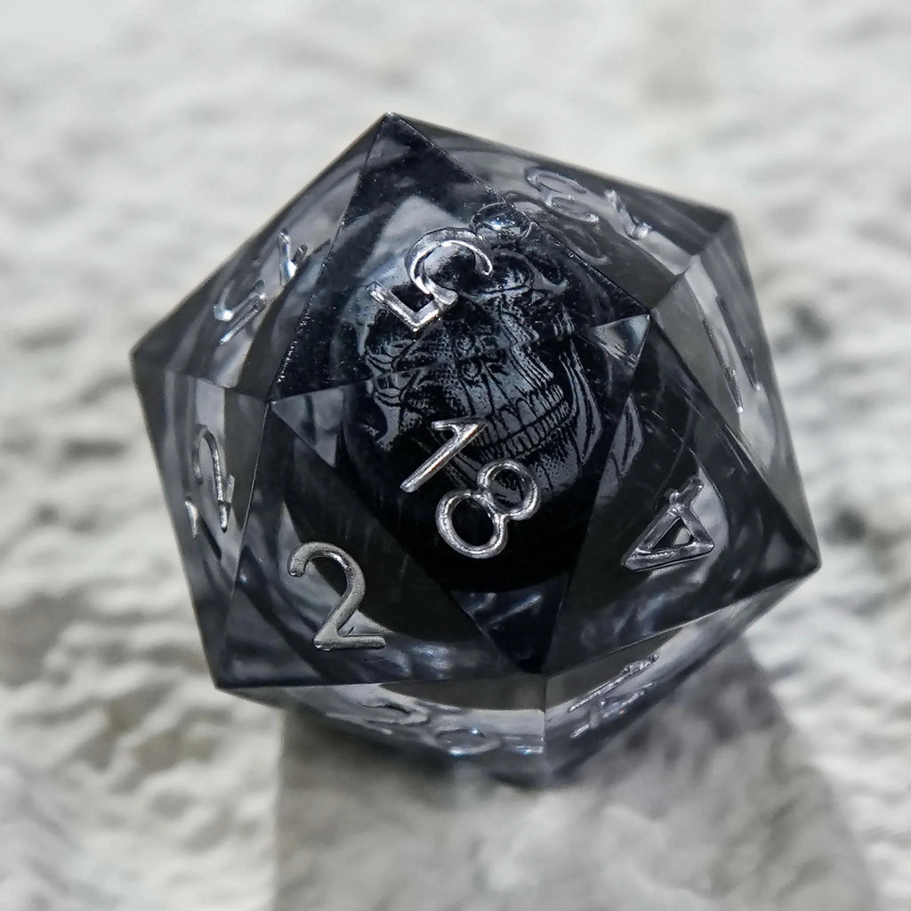 Dark Sorcerer's Skull Frame Liquid Core Resin Dice Set Silver Font