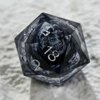 Dark Sorcerer's Skull Frame Liquid Core Resin Dice Set Silver Font