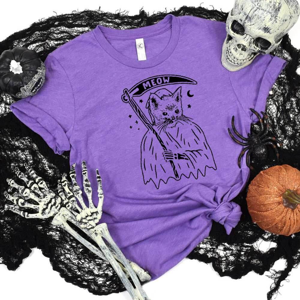 Dark Cat Death Short Sleeve T-shirt - Purple / L (Bust 100 cm)