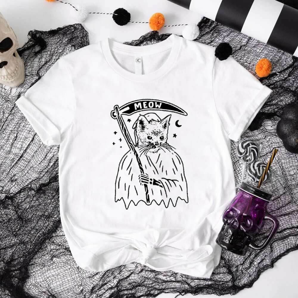 Dark Cat Death Short Sleeve T-shirt - Purple / L (Bust 100 cm)