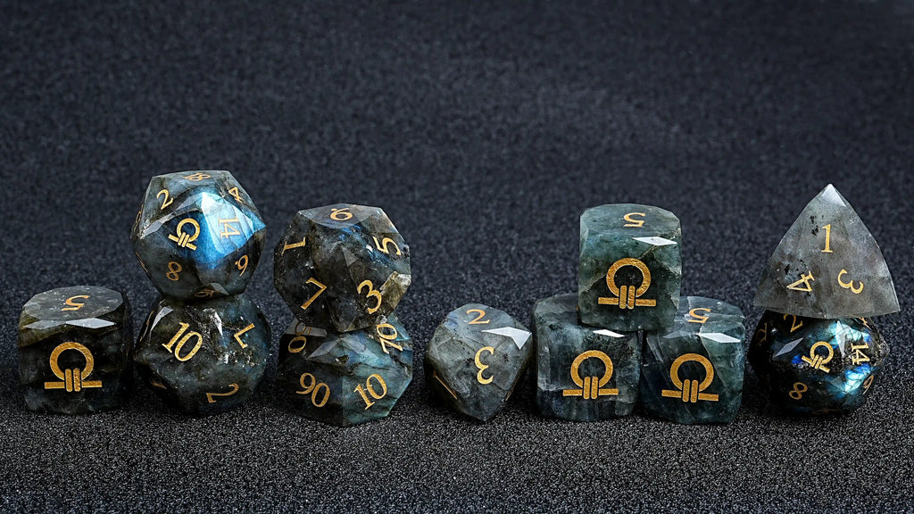 Kickstarter Dice - Natural Labradorite DND Gem Dice Set - Ring of Order