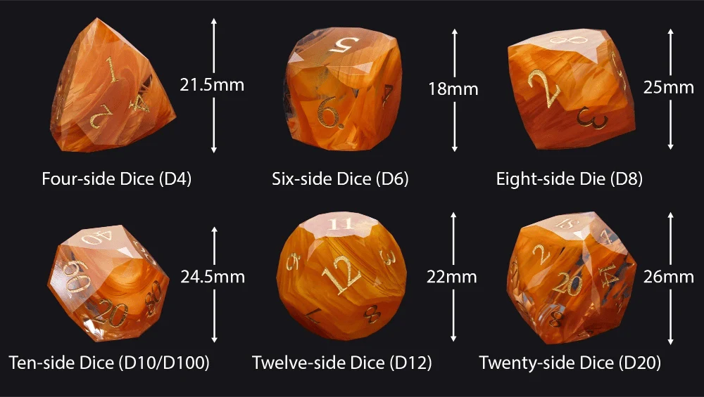 DND Dice | Diamond Cut Amber-Orange Glass Gemstone Dice Set