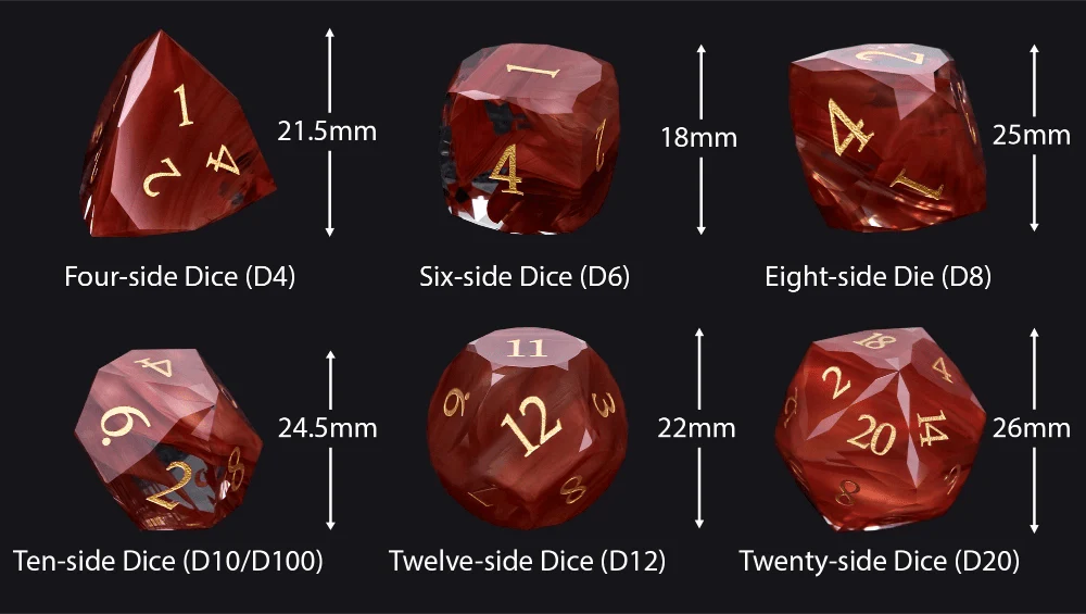 DND Gem Dice Set Crystal Flame Red Glass Diamond Cut Gold Digital RPG Dice