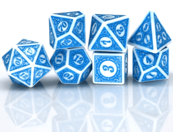 White & Blue Magic Flame 7-Dice Set DND RPG Dice Blue Color Fill - 