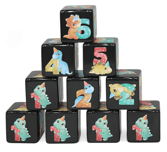 (Black) Dinosaur Dice | Printed d6 Dice Featuring Cute Dinos Numbered - 1 Dice