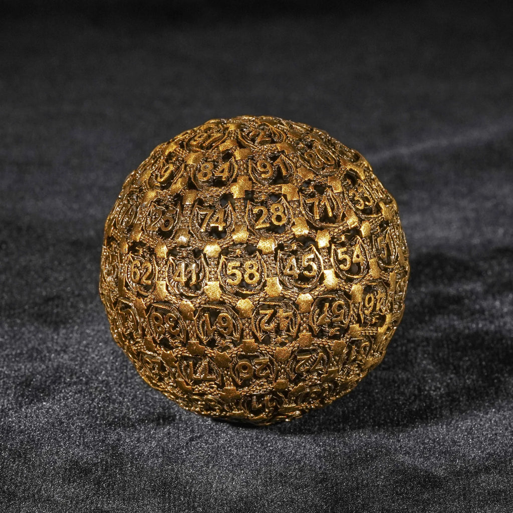 Dragon's Tooth - 50mm Antique Gold D100 Metal Dice