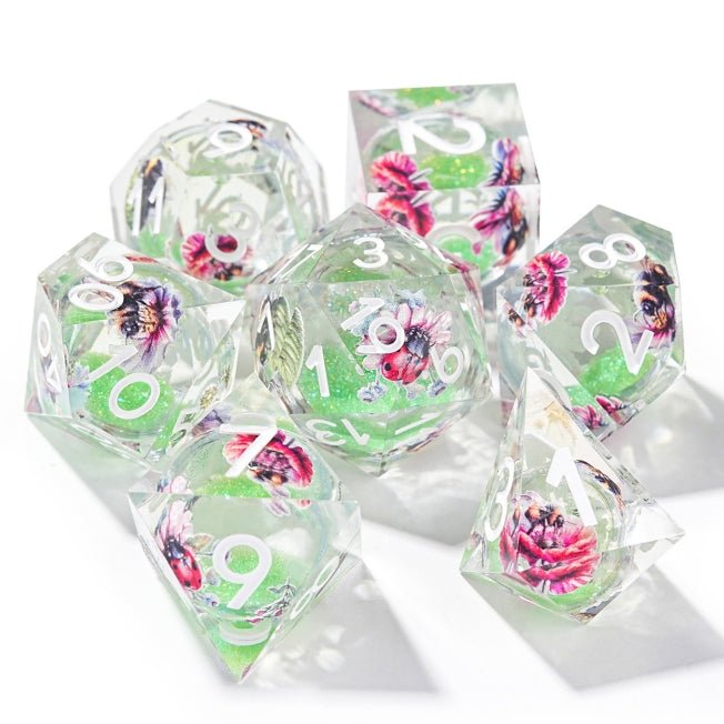 Dream Series - Butterfly Green Quicksand Resin Liquid Core DND Dice Set
