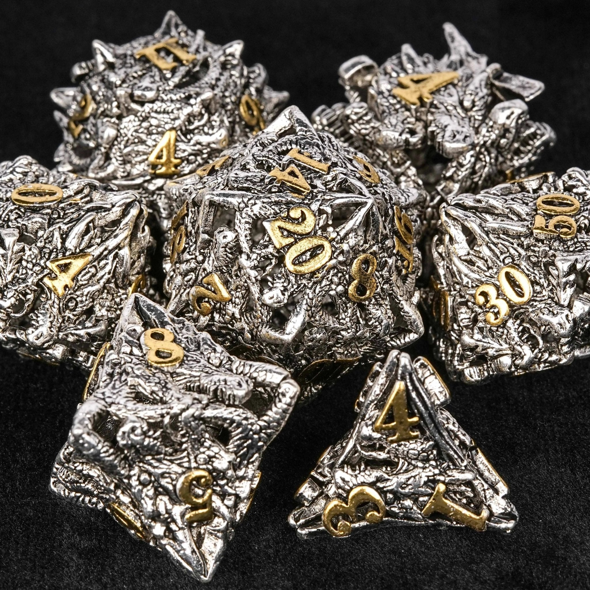 dungeons and dragons silver shaped dragon head metal hollow dice set