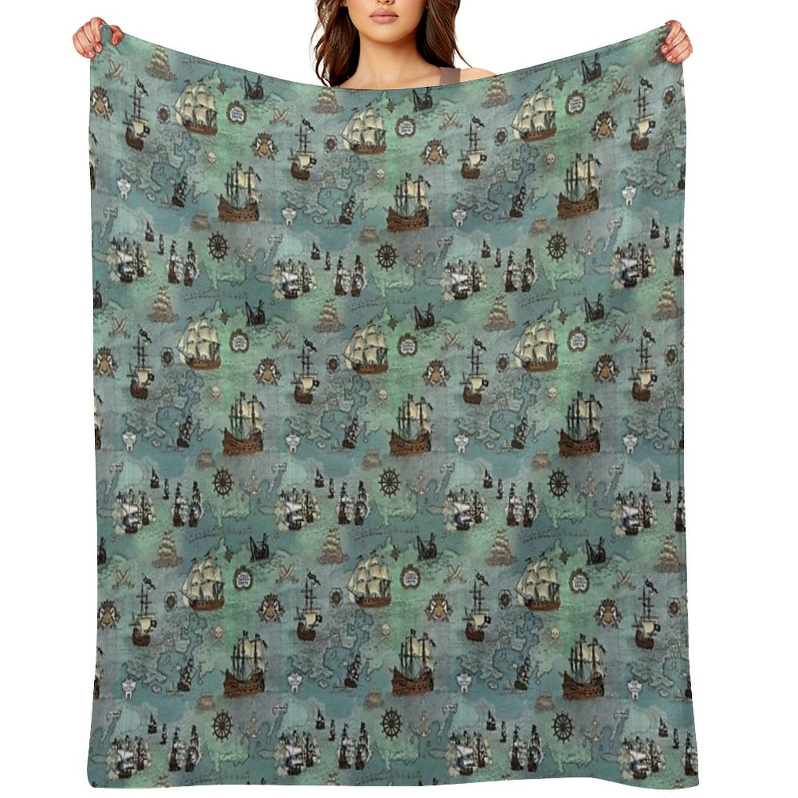 Pirate Map Nautical Sea Print Ocean Blue & Sea Glass Green Throw Blanket
