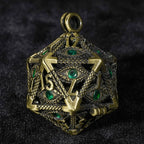 Emerald  Gem Dragon Eye Metal Hollow D20 Dice Pendant + 7 Mini Metal Dice Set