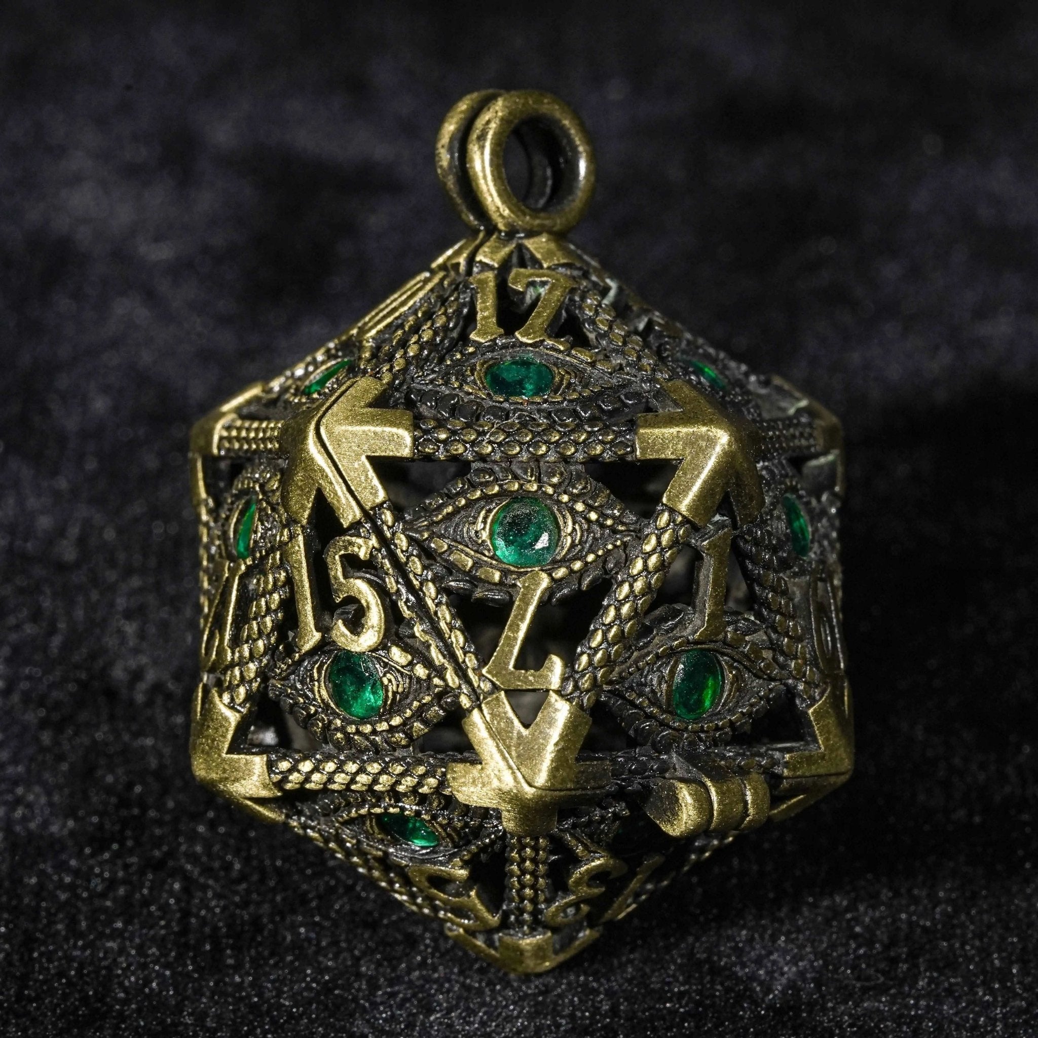 Emerald  Gem Dragon Eye Metal Hollow D20 Dice Pendant + 7 Mini Metal Dice Set