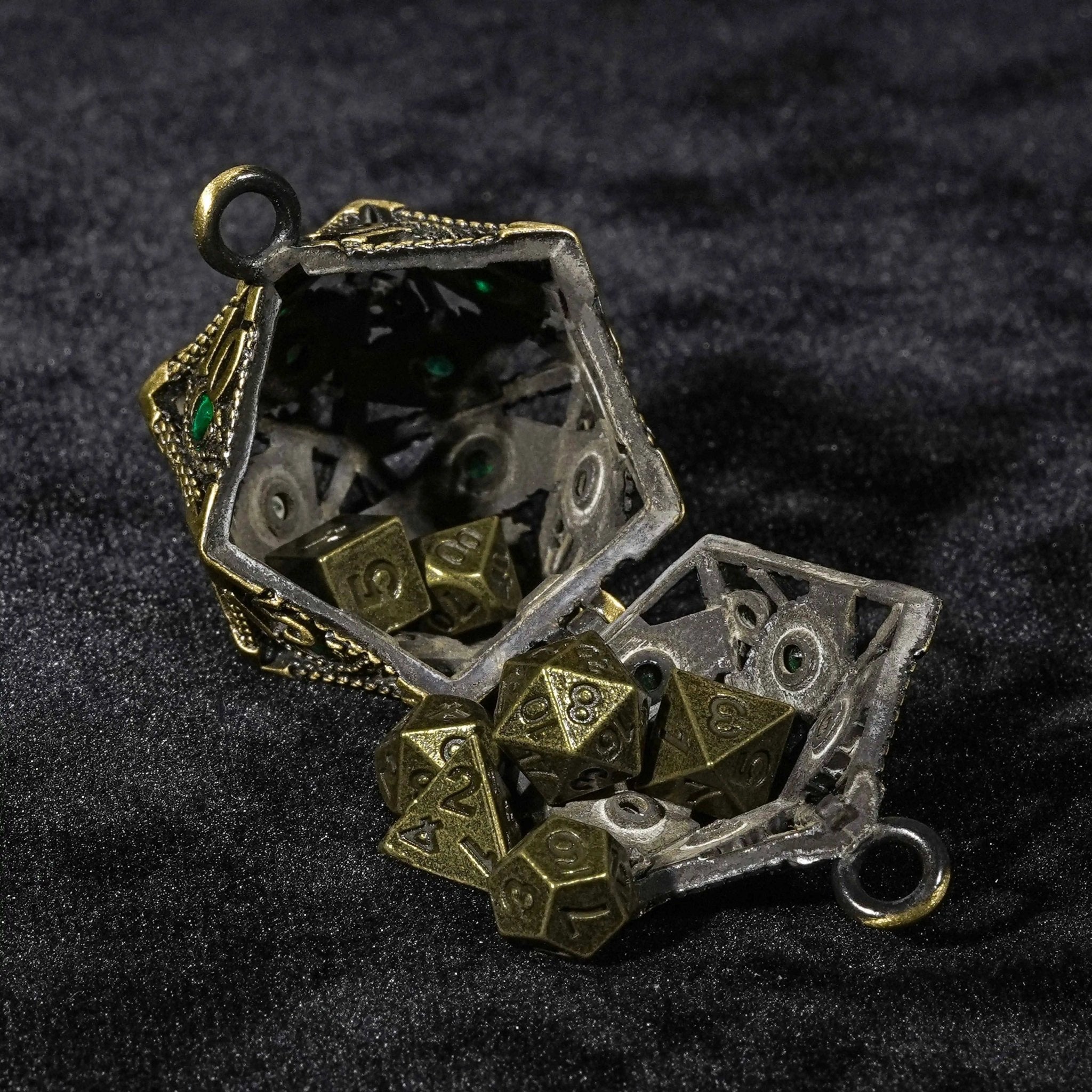 Emerald  Gem Dragon Eye Metal Hollow D20 Dice Pendant + 7 Mini Metal Dice Set