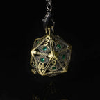 Emerald  Gem Dragon Eye Metal Hollow D20 Dice Pendant + 7 Mini Metal Dice Set