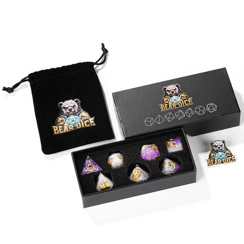 Exquisite cat-themed purple resin dice set