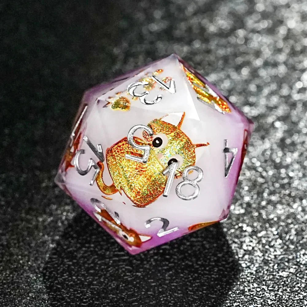 Exquisite cat-themed purple resin dice set