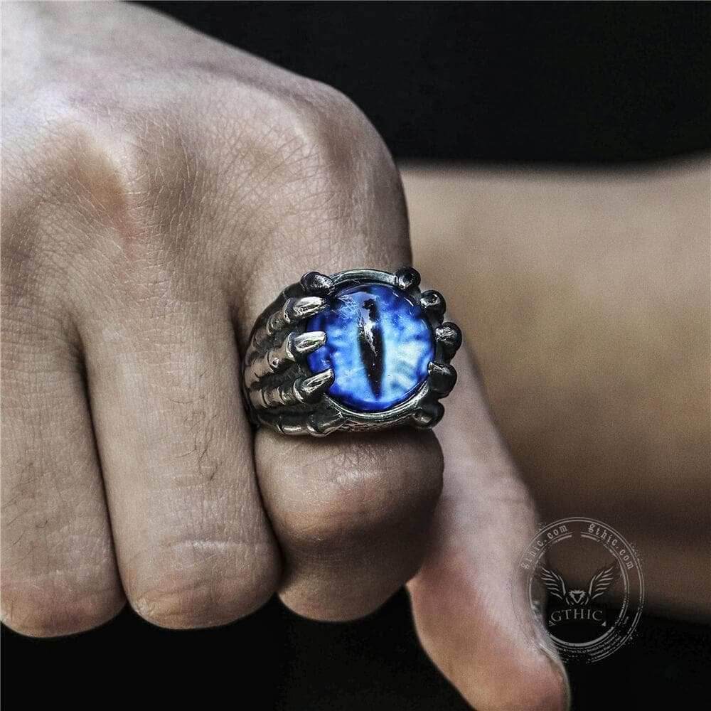 Dragon Eye Stainless Steel Skull Claw Ring - Blue / 7