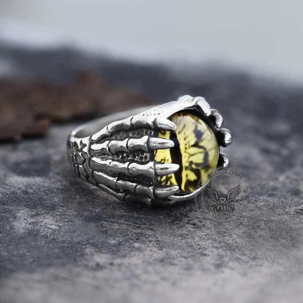 Dragon Eye Stainless Steel Skull Claw Ring - Blue / 7