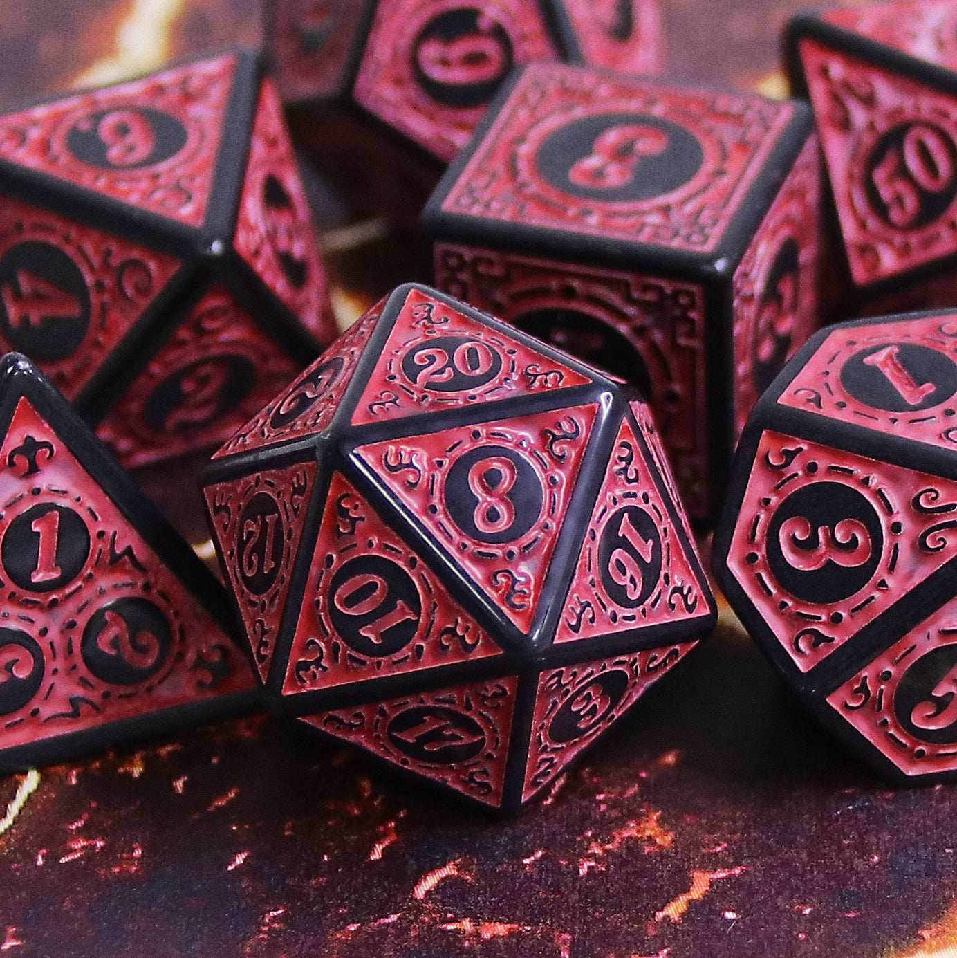 Red Magic Flame 7-Dice Set DND RPG Dice Black w/Color Fill - 