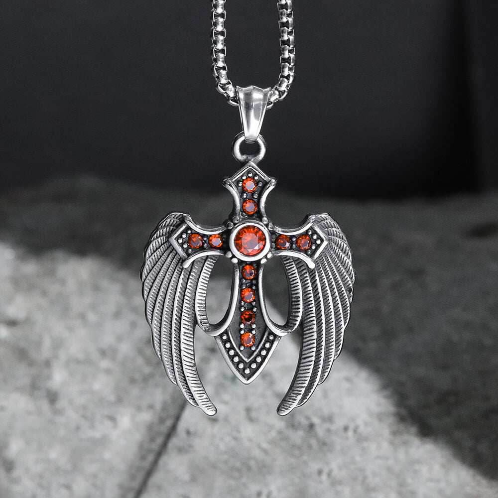 Fallen Angel Wings Stainless Steel Gem Pendant - Stainless Steel / Orange