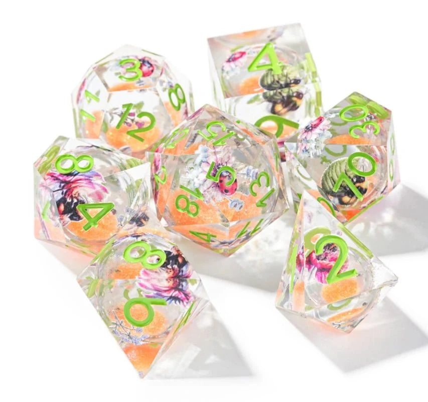 Fantasy Flower Orange Liquid Core Resin Dice Set + Green Numbers