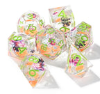 Fantasy Flower Orange Liquid Core Resin Dice Set + Green Numbers