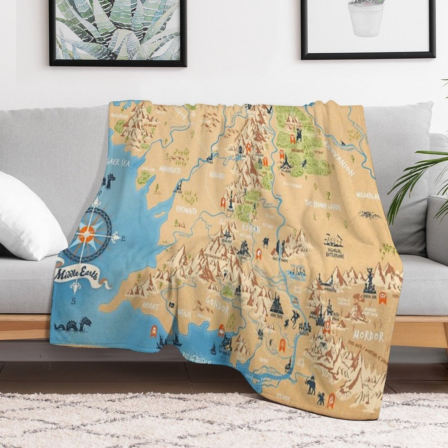 Tolkien - Middle Earth Map,  Simple Icon Illustrations Throw Blanket