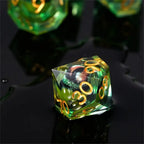 Fierce Crocodile Eyes Liquid Core Resin DND Dice Set + Gold Lettering