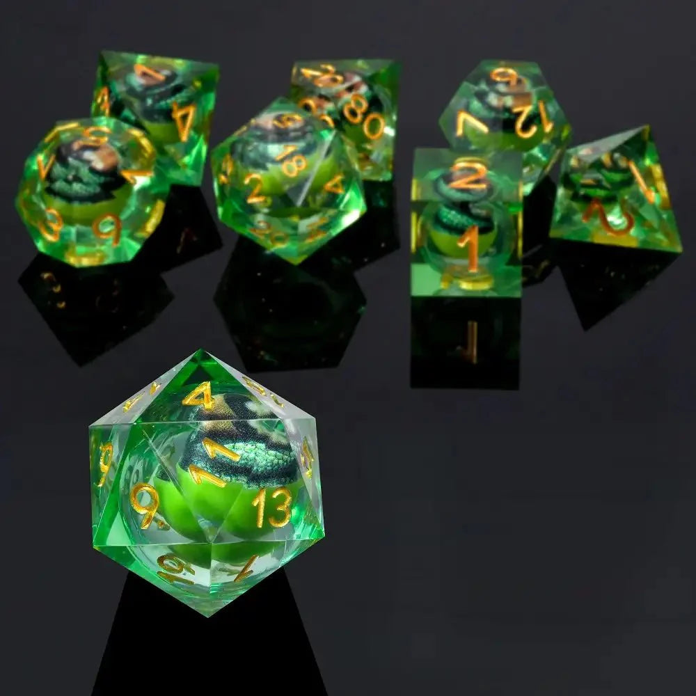 Fierce Crocodile Eyes Liquid Core Resin DND Dice Set + Gold Lettering