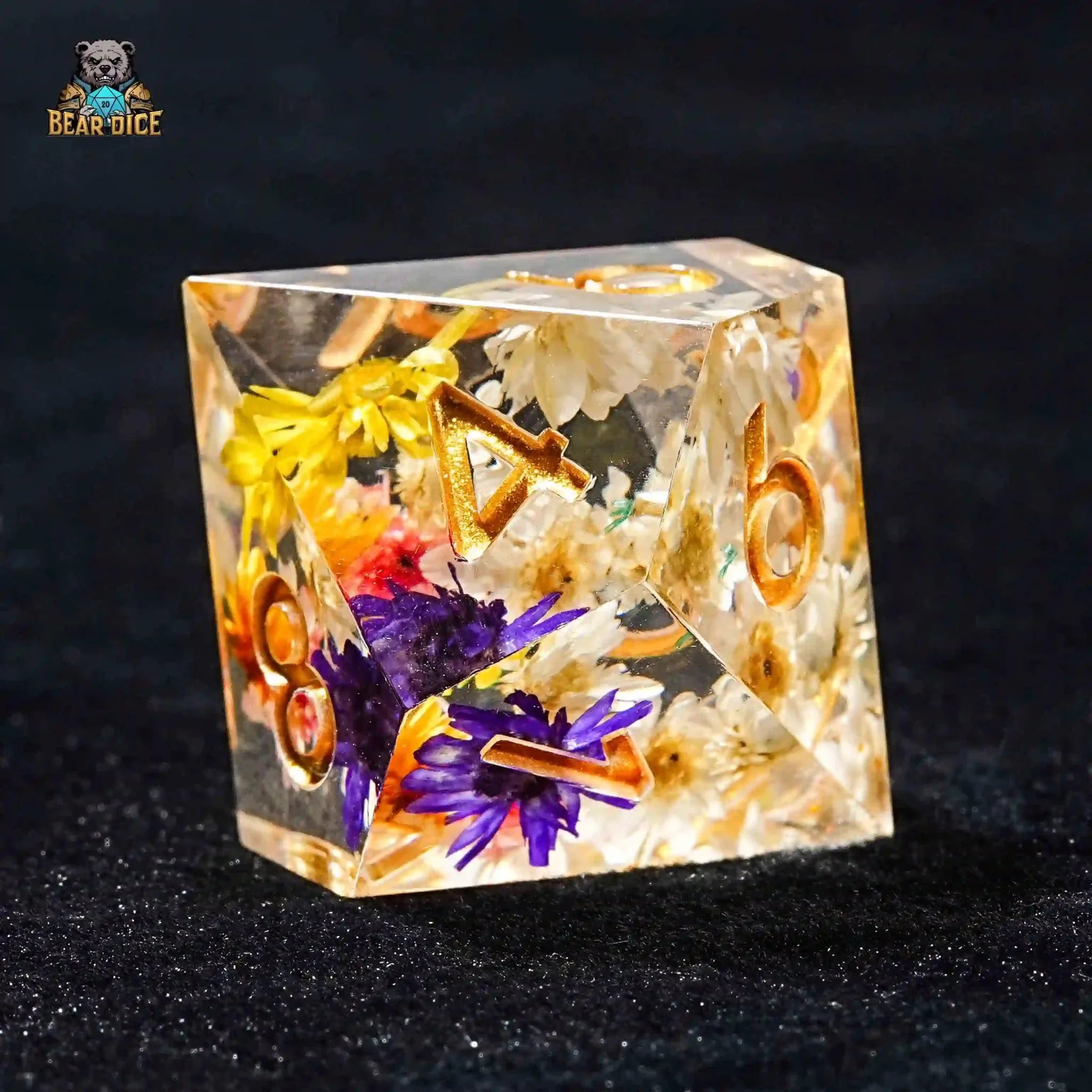 Floral Crystal Clear Resin Dice with Gold Numbers 10 Sided Dice (D10 Dice)