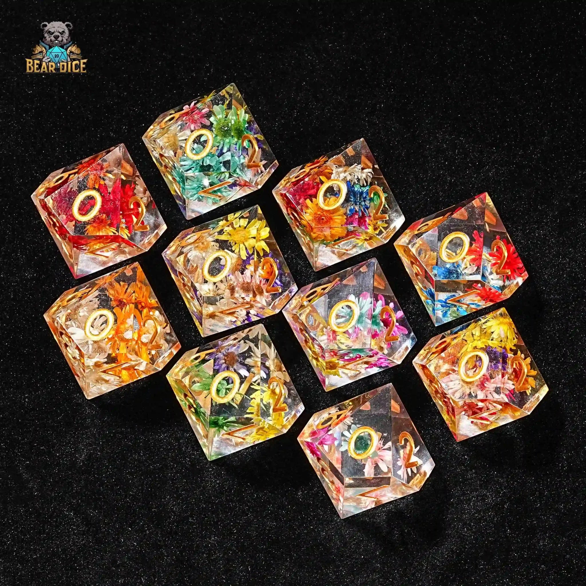 Floral Crystal Clear Resin Dice with Gold Numbers 10 Sided Dice (D10 Dice)