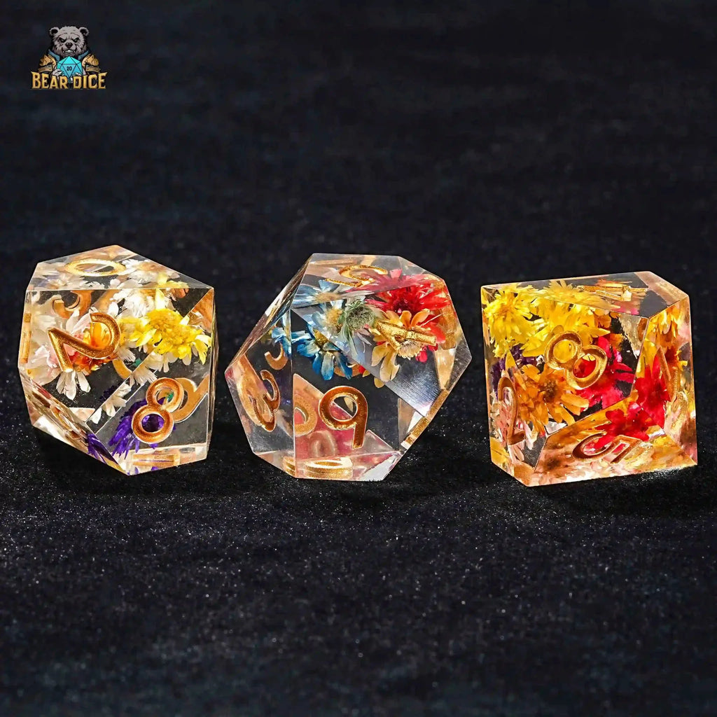 Floral Crystal Clear Resin Dice with Gold Numbers 10 Sided Dice (D10 Dice)