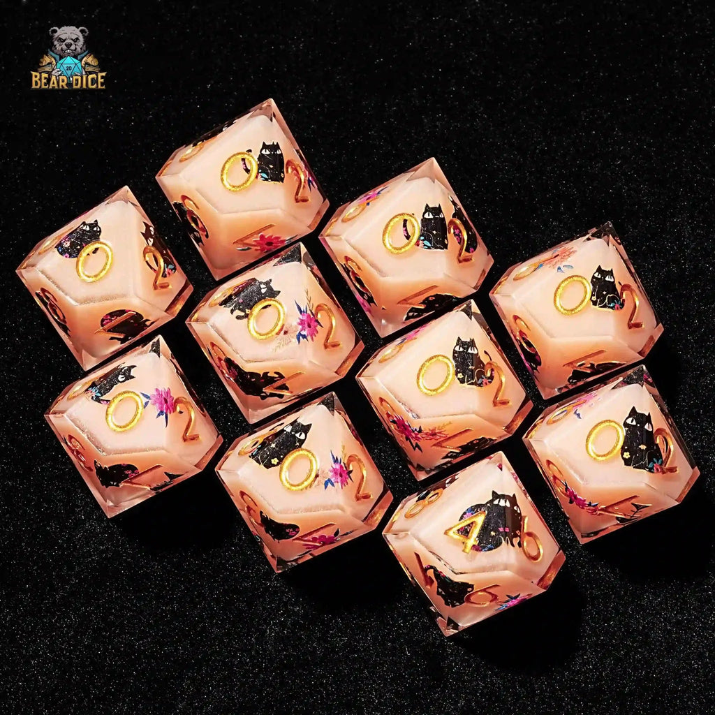 Flower Black Cat 10 Sided Dice Flesh Pink Resin D&D D10 Dice