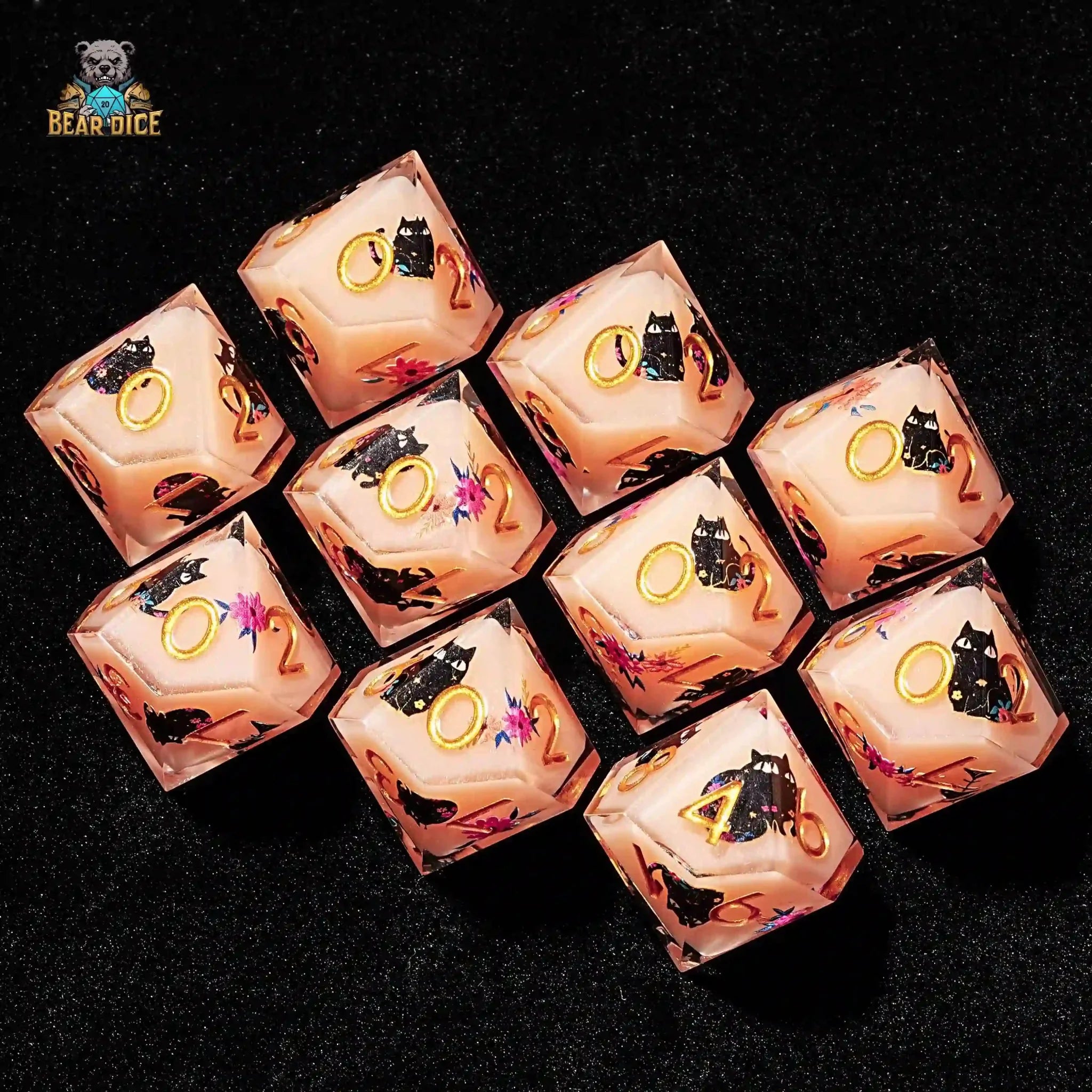 Flower Black Cat 10 Sided Dice Flesh Pink Resin D&D D10 Dice