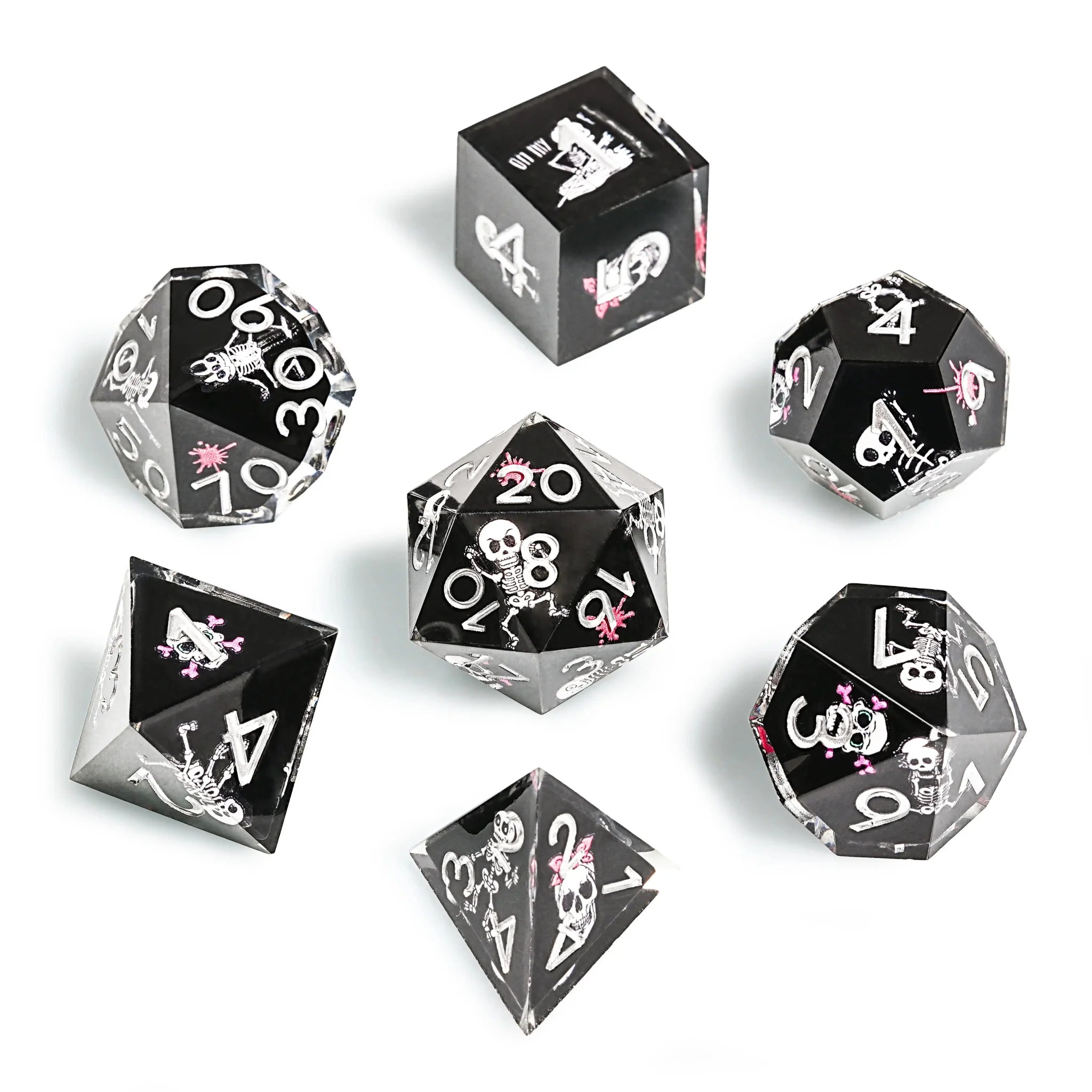 Funny Skull Black Resin DND Dice Set + Silver Numbers