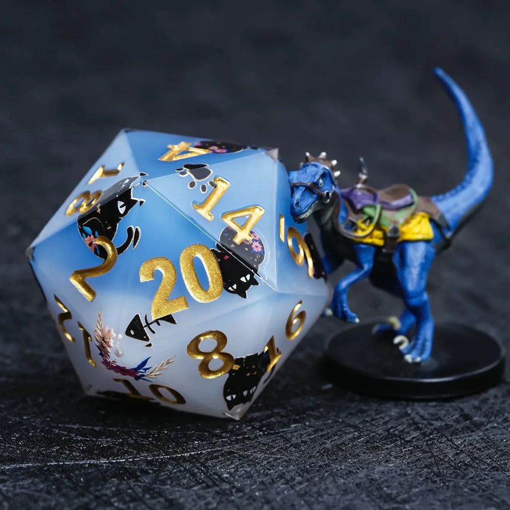 Giant D20 Dice (Black Cat Gold Lettering) 35mm Resin RPG Monster Dice