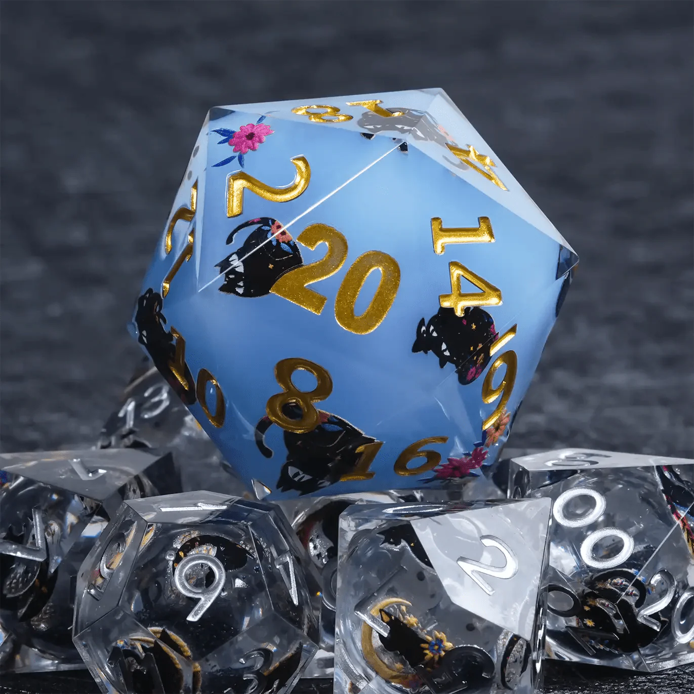 Giant D20 Dice (Black Cat Gold Lettering) 35mm Resin RPG Monster Dice