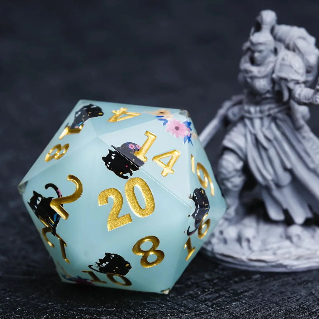 Giant D20 Dice (Black Cat Gold Lettering) 35mm Resin RPG Monster Dice