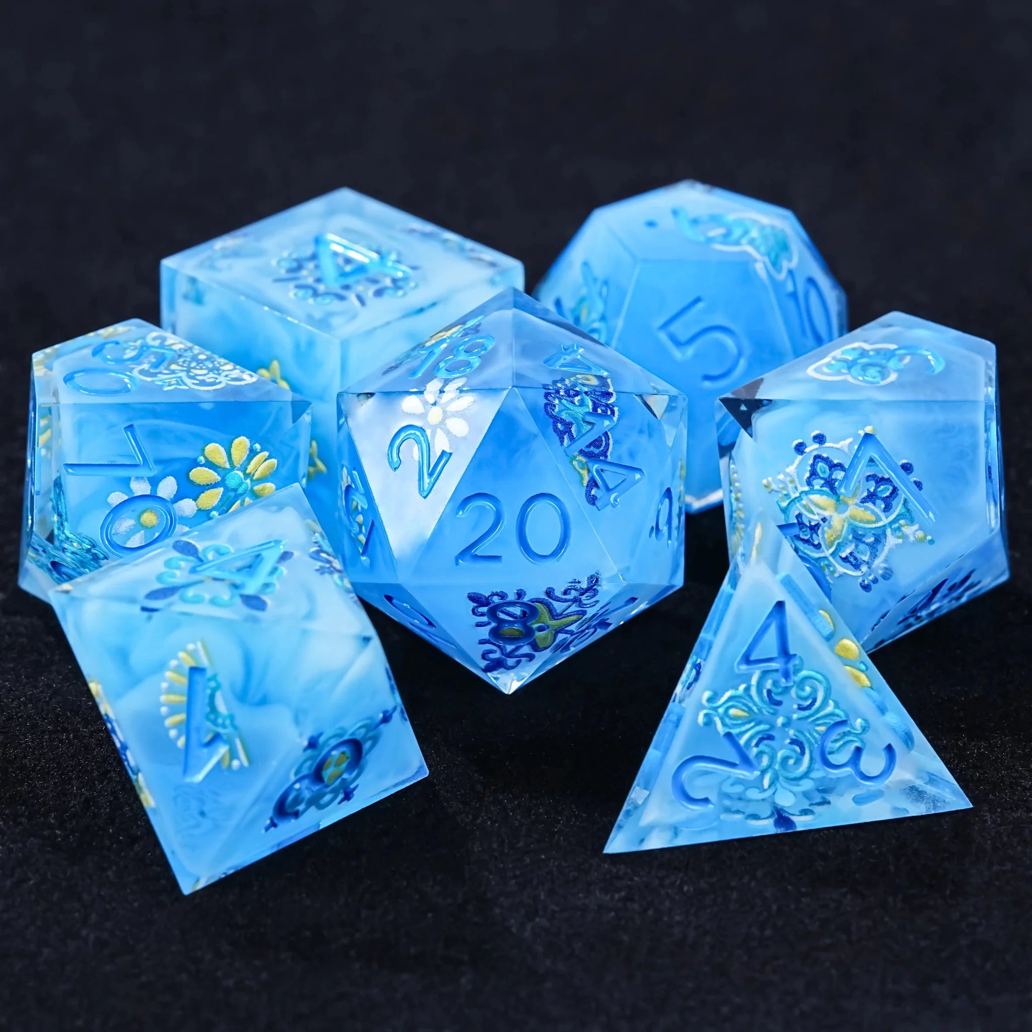 Glacier Blue Floral Bloom D&D Dice Set