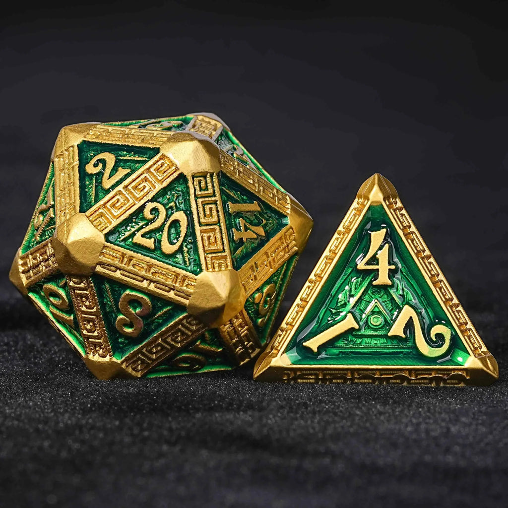 Gold and Green Greek Retractable Metal DND Dice Set