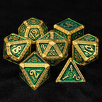 Gold and Green Greek Retractable Metal DND Dice Set