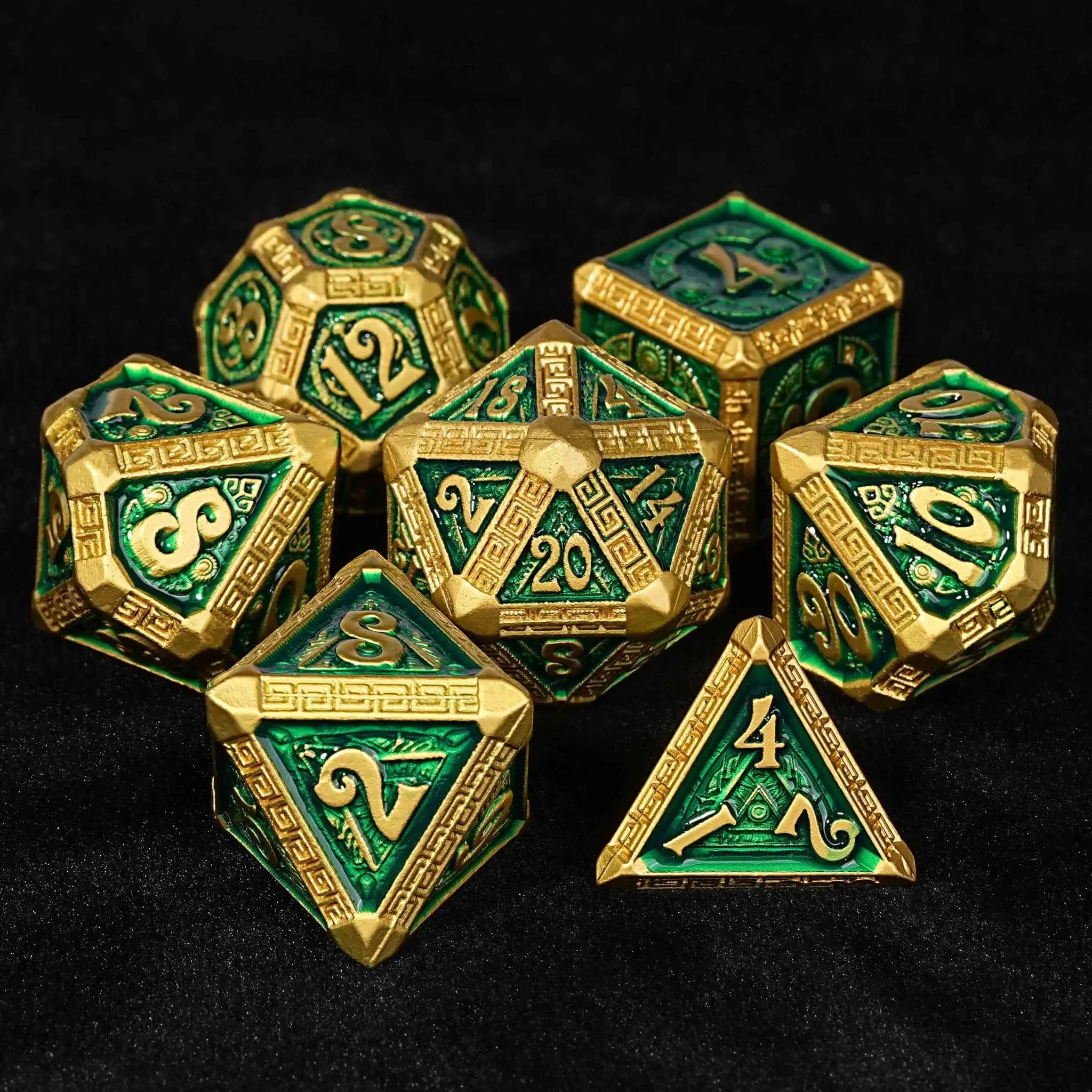 Gold and Green Greek Retractable Metal DND Dice Set