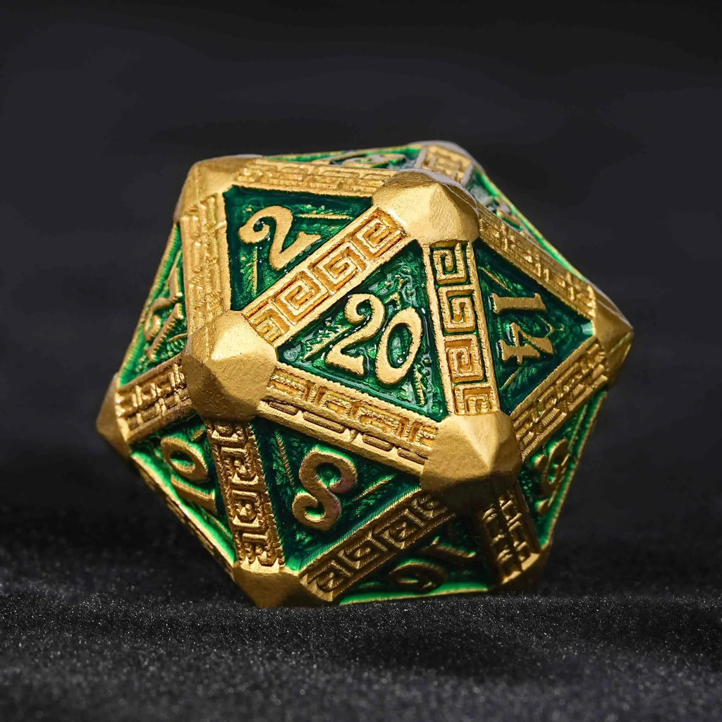 Gold and Green Greek Retractable Metal DND Dice Set