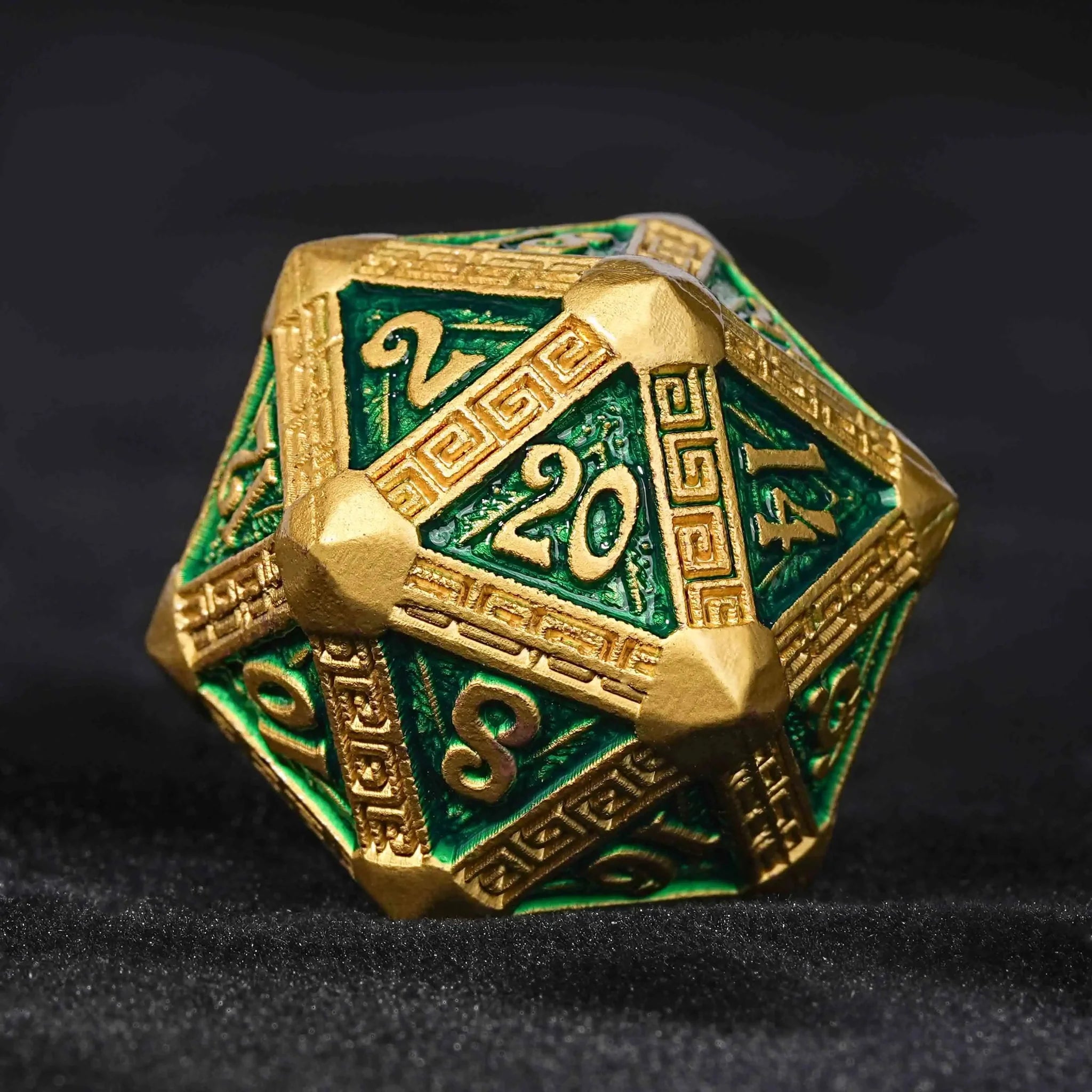 Gold and Green Greek Retractable Metal DND Dice Set