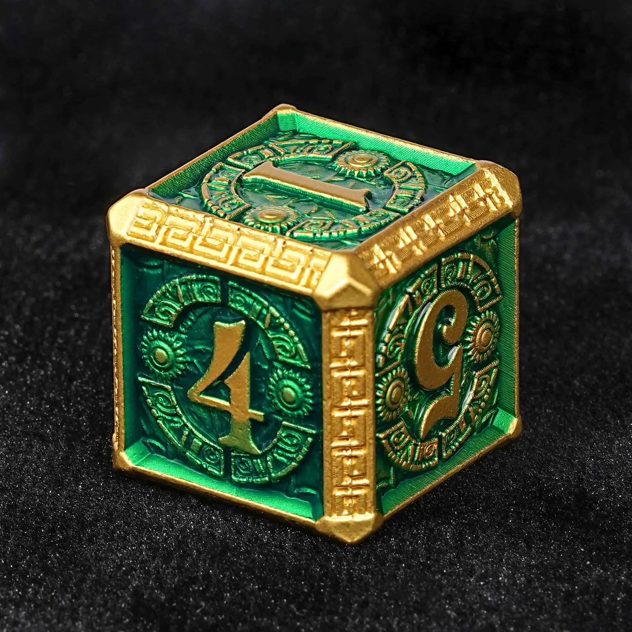 Gold and Green Greek Retractable Metal DND Dice Set