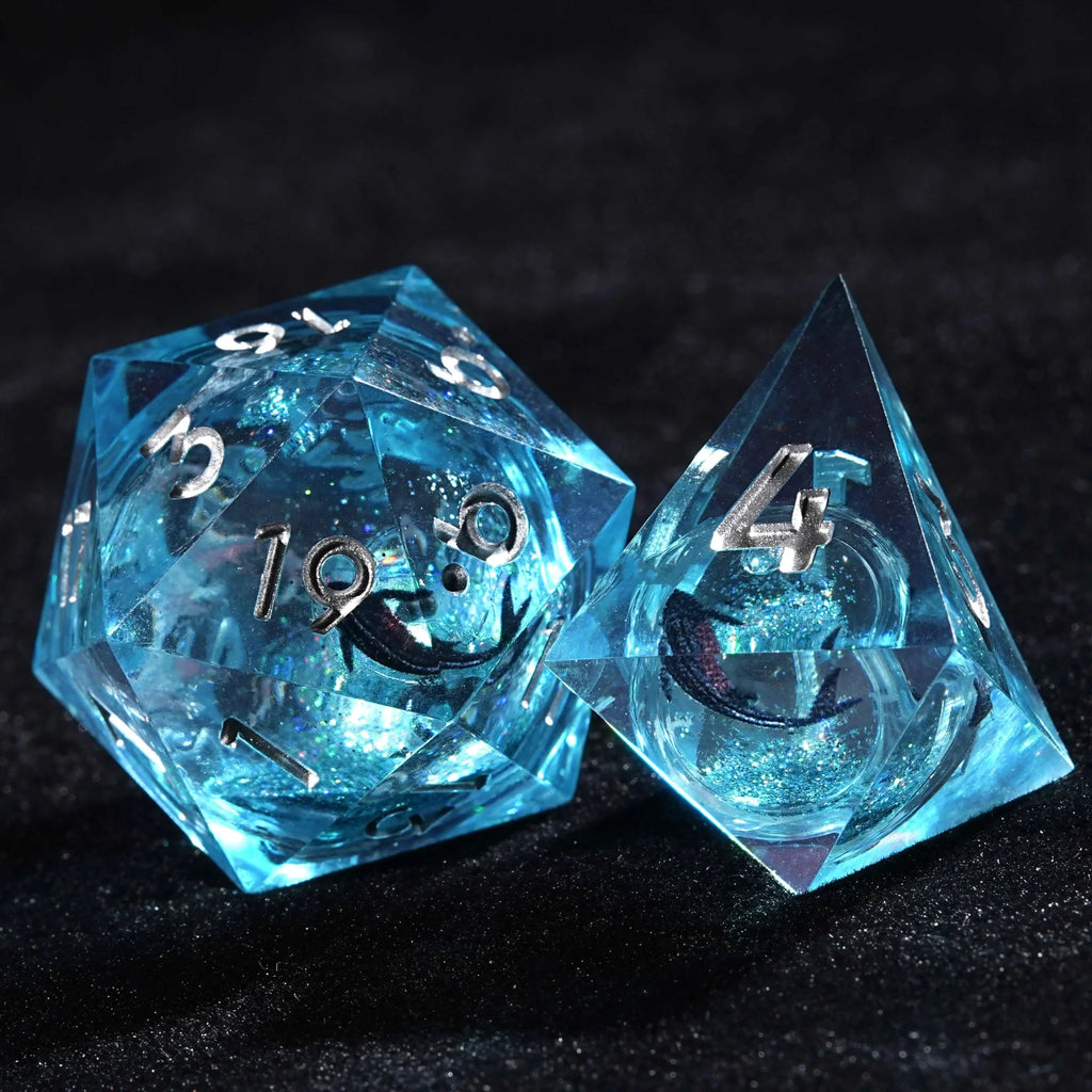Goldfish Genie - Blue Liquid Core Resin dnd Dice Set + Silver Numbers